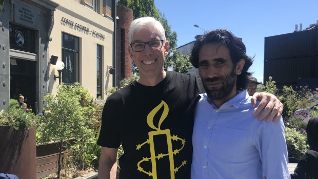Dr Graham Thom, of Amnesty International Australia, with refugee Behrouz Boochani on Friday - his first full day of freedom - in Christchurch.
