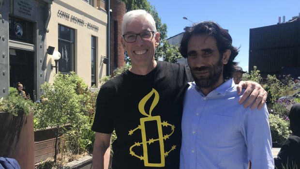 Dr Graham Thom, of Amnesty International Australia, with refugee Behrouz Boochani on his first full day of freedom in Christchurch.
