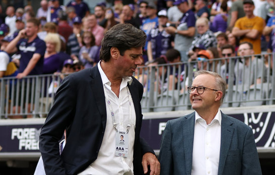 Outgoing AFL chief Gillon McLachlan and Anthony Albanese at a match between Fremantle and West Coast in Perth in April, a  month before the league backed the Voice. 