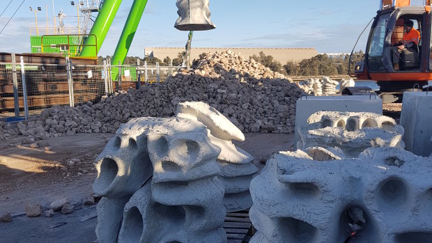 Concrete segments used to construct the Windara oyster reef, which is now in place on the Yorke Peninsula, South Australia. 