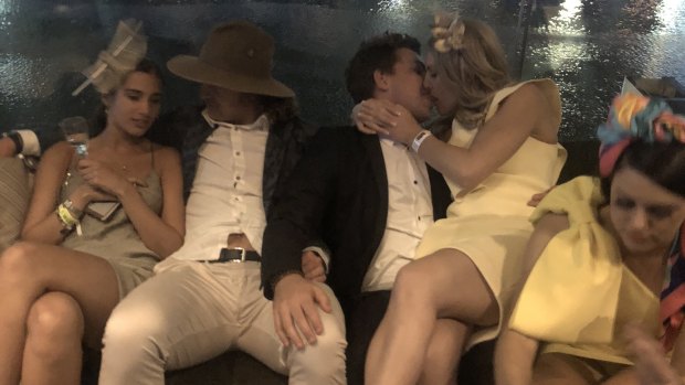 Nick Cummins and his manager/cousin Josh White getting touchy feely at the Melbourne Cup after, after party.