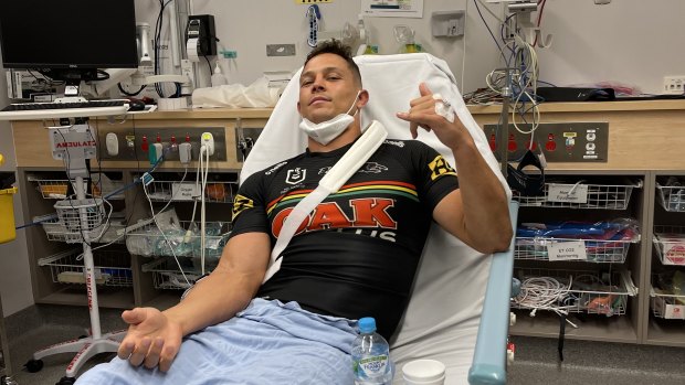Scott Sorensen waits to have his dislocated wrist popped back into place at Gold Coast University Hospital last month.