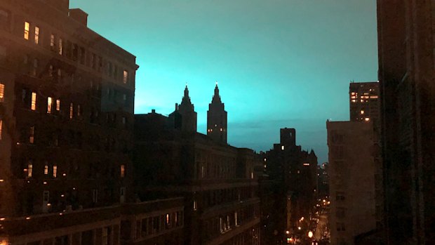 Blue light over New York, as seen from Manhattan.