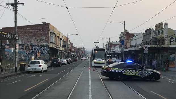 Sydney Road in Brunswick was closed between Albion and Hope streets on Tuesday night.