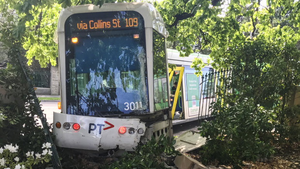Residents of a block of apartments were shocked when a tram ran into their front yard on Sunday.
