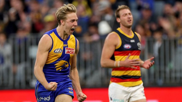 Top flight: Eagle Oscar Allen celebrates a goal  against Adelaide.