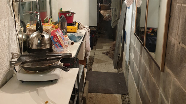 The "cave" in the basement of the Bowman Street apartment building, where building manager Jaden Hati allegedly lived and stored stolen property.
