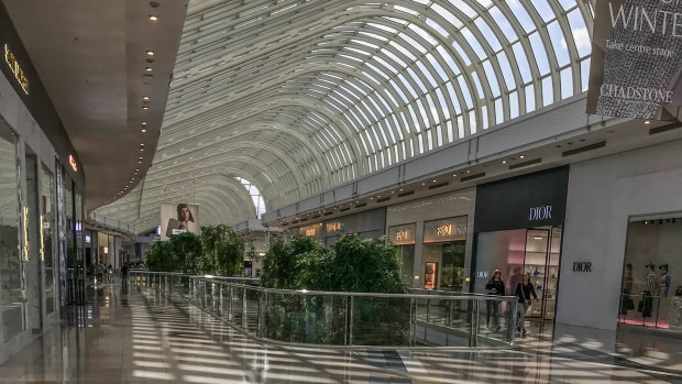 A near-empty Chadstone shopping centre on March 20. The mall's owner, Vicinity Centres, gained 10.6 per cent on Wednesday as commercial landlords called for governments to ease shopping restrictions. 