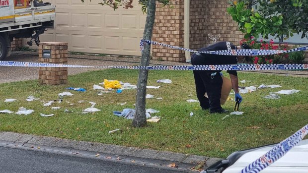 The scene in Whitfield Crescent, North Lakes, where a resident died after a scuffle on the porch of her house.