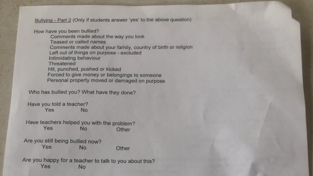 A survey handed out to students at Theodore Primary asked them to record the names of bullies.