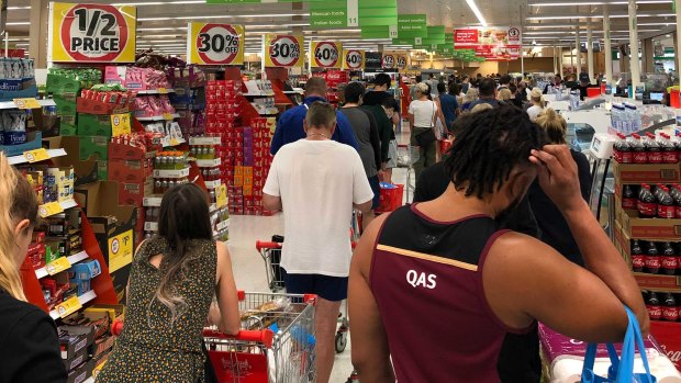 The queue at Coles in Fairfield on Friday morning, a case of minutes after the lockdown announcement.