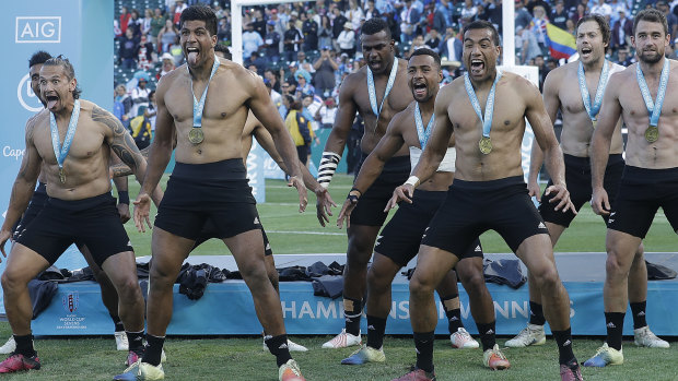 New Zealand Sevens players do a shirtless haka after winning the 2018 World Cup.