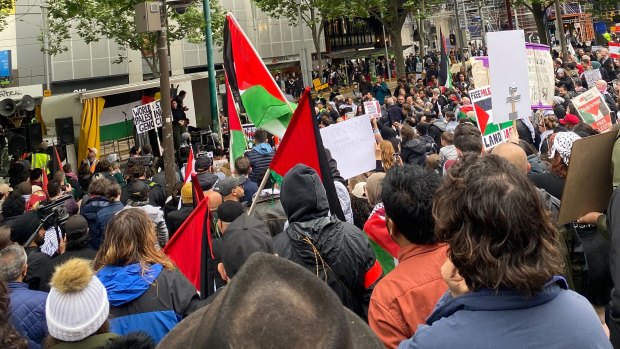 Pro-Palestinian supporters rally at State Library Victoria. 