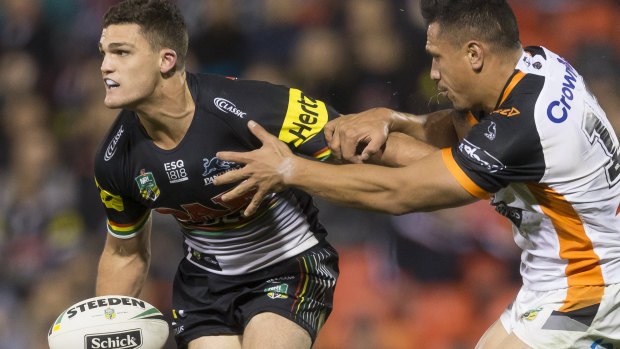 Nathan Cleary gets the ball away.
