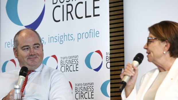 NAB’s Andrew Irvine, who is also chairman of the Australian Banking Association, speaking with ABA chief executive Anna Bligh.