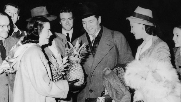 Sir Laurence Olivier and Vivien Leigh get a prickly greeting at Archerfield airport, Queensland, in 1948.