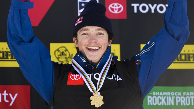 Golden boy: Victorian Scotty James celebrates after winning the men's snowboard halfpipe final at the freestyle ski and snowboard world championships in Utah.