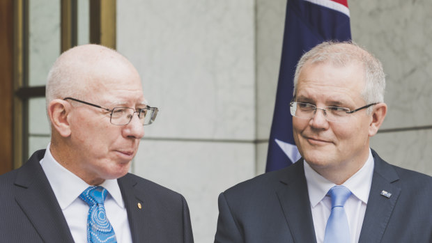 Former general and defence force chief David Hurley and Prime Minister Scott Morrison on Sunday.

Photo: 