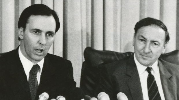 Paul Keating and Bob Johnston announce the float of the Australian dollar on December 9, 1983.