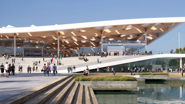 An artist's impression of the eastern entrance of the new Sydney Fish Market, to be built on Bridge Road.
