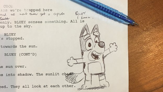 A sketch of Bluey on an early script.