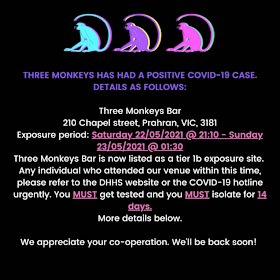 A notice posted on Instagram by the Three Monkeys bar on Chapel Street, Prahran. 