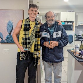 Richmond draftee Luke Trainor, with his grandfather, Geelong and North Melbourne legend Doug Wade.