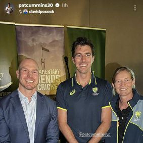 Cricket lovers David Pocock, Pat Cummins and Meg Lanning at the Parliamentary Friends of Cricket event at Parliament House on Wednesday night.