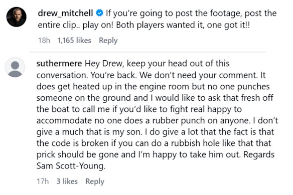 Comentários de Drew Mitchell e Sam Scott-Young no Instagram.