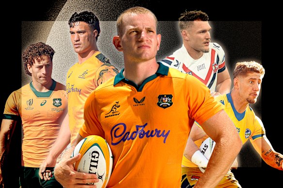 The Wallabies back line could be stacked in 2027. From left to right, Mark Nawaqanitawase, Joseph-Aukuso Suaalii, Max Jorgensen, Angus Crichton, Zac Lomax. 