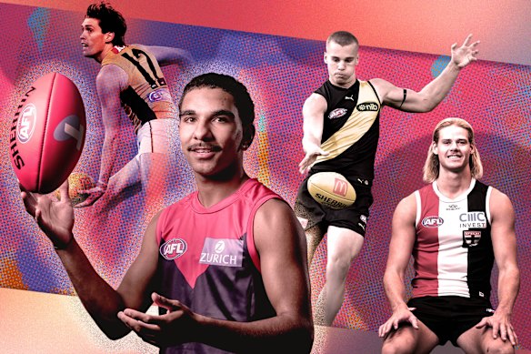 Newcomer Latrelle Pickett (main) promises to be a firestarter for Melbourne this season. Hawthorn’s Will Day, Richmond’s Sam Lalor and St Kilda recruit Tom De Koning will also be watched closely.