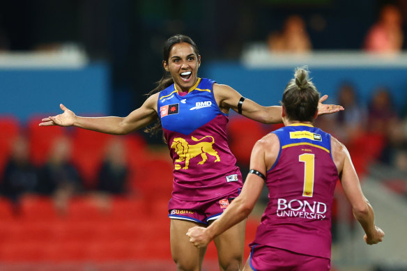 Brisbane’s Courtney Hodder celebrates a goal