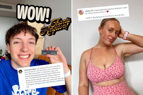 Influencers @elliotisacoolguy and @elloise_fit feature sponsored content on their social media feeds.