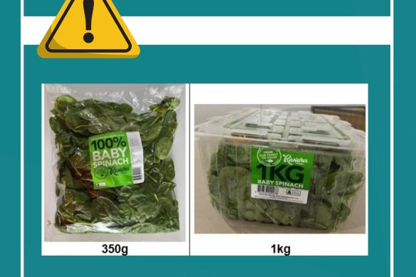 A supplied image of the one kilogram tub of Riviera Farms baby spinach that has been recalled owing to contamination.