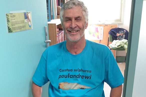 Paul Andrew with a T-shirt bearing the name of the bird named after him.