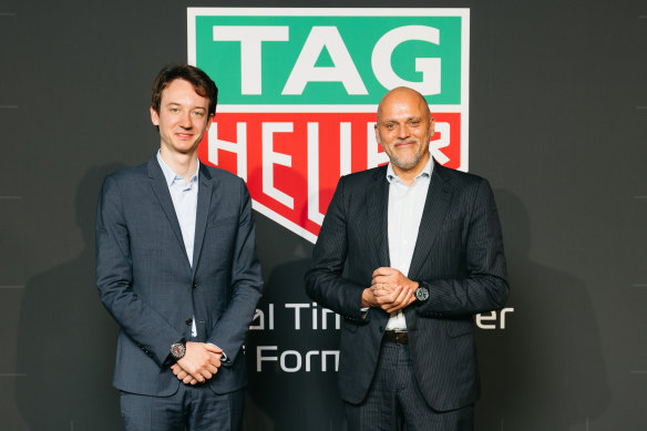 Frédéric Arnault (left), CEO of LVMH Watches and Antoine Pin, CEO of TAG Heuer, attend the TAG Heuer event.