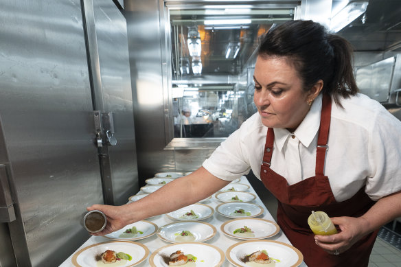 Chef Karen Martini preparing a gala dinner on board the Cunard Great Australian Culinary Voyage in early 2024.