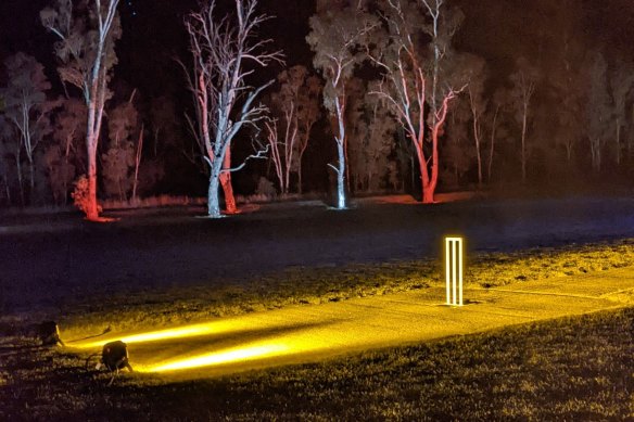 Johnny Mullagh Oval in Harrow, Victoria, illuminated at the end of the first performance of Black Cockatoo.