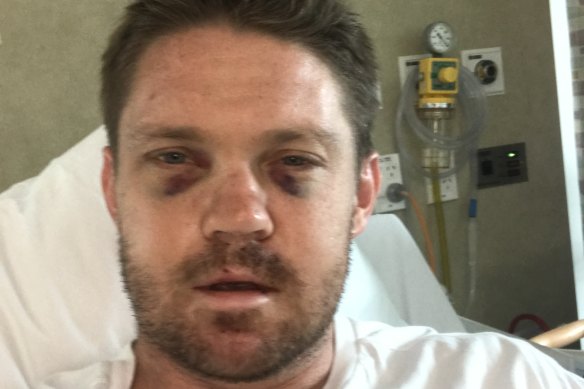 Chris Lawrence in his hospital bed in New Zealand last February. He sent this photo to his friends and family.