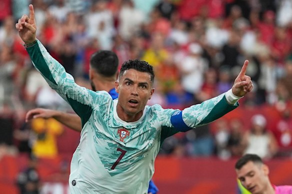 Portugal’s Cristiano Ronaldo celebrates after scoring his side’s first goal against Croatia during the World Cup round of 32 soccer match in Toronto.