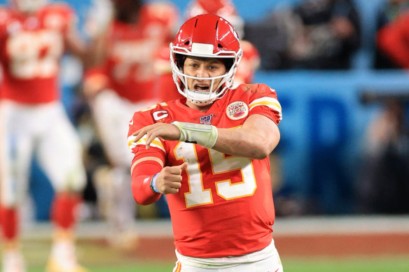 Patrick Mahomes celebrates a Chiefs touchdown en route to victory in the Super Bowl.