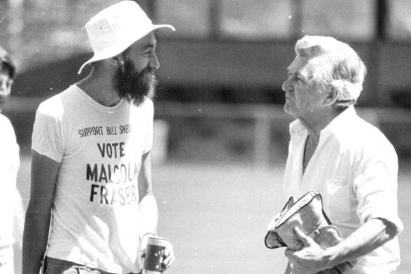 Mungo MacCallum, captain of the 1983 press gallery cricket team argues with Bob Hawke over the cricket dress code. 