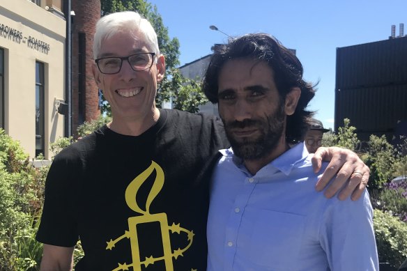 Dr Graham Thom, of Amnesty International Australia, with refugee Behrouz Boochani on his first full day of freedom in Christchurch.
