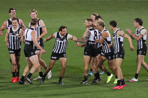 Steven Motlop celebrates a goal during Port's comprehensive win over the Crows. 