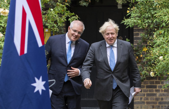 Prime ministers Scott Morrison and Boris Johnson.