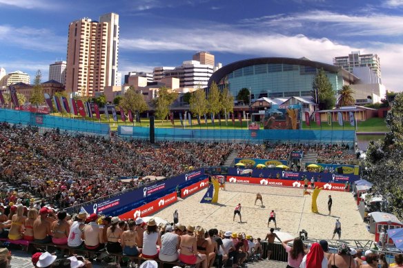 Artist render of Court 2 of the 2025 Beach Volleyball World Championships from Adelaide’s Northern Riverbank.