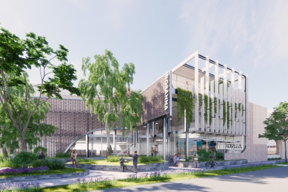 Renders of the proposed Rosanna library next to a new Woolworths.