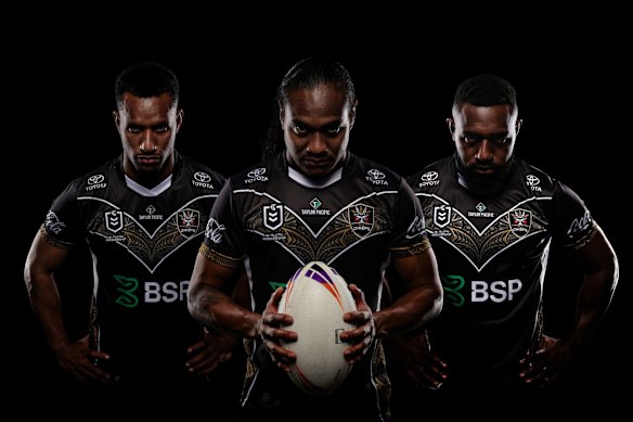 PNG Chiefs development players Gairo Voro, Morea Morea and Finley Glare showcase their 2028 NRL kit.