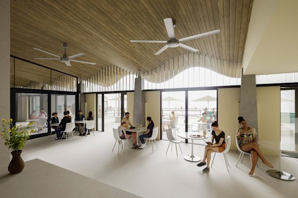 A render of a space in the plans proposed to add a cafe and enclose the existing change rooms at the  heritage-listed Newcastle Ocean Baths. 