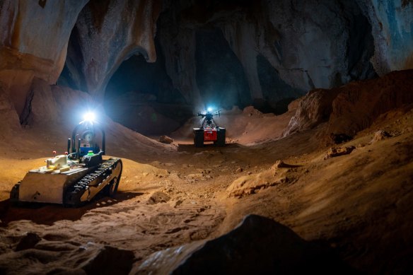 The robots doing training exercises in caves in North Queensland in 2020 in preparation for the competition.